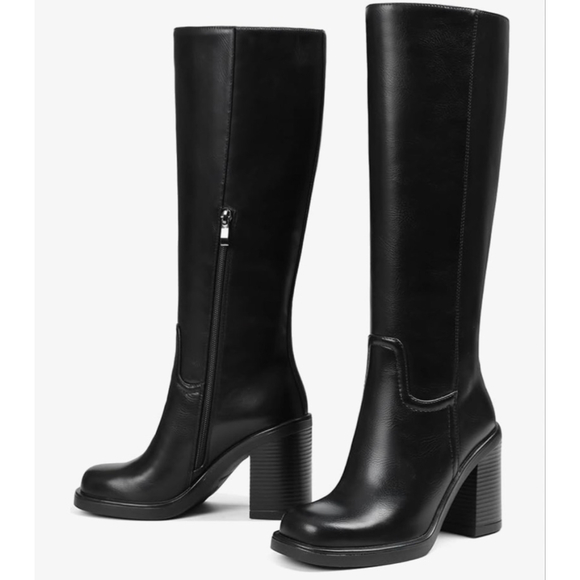 Grakihily Shoes - NEW Platform Wide Calf Tall Vegan Leather square toe Knee High Boots 7.5